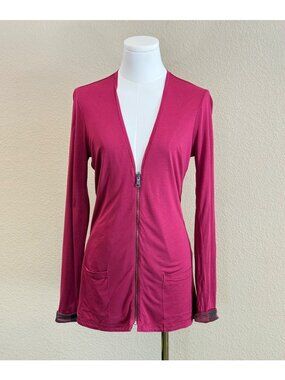 Burberry Brit Womens V-Neck Cardigan Sweater Fuchsia Pink Nova Check Lined